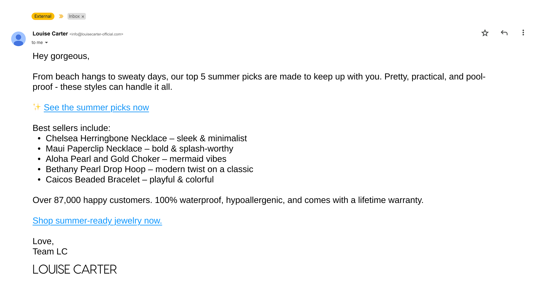 Example plain-text style email