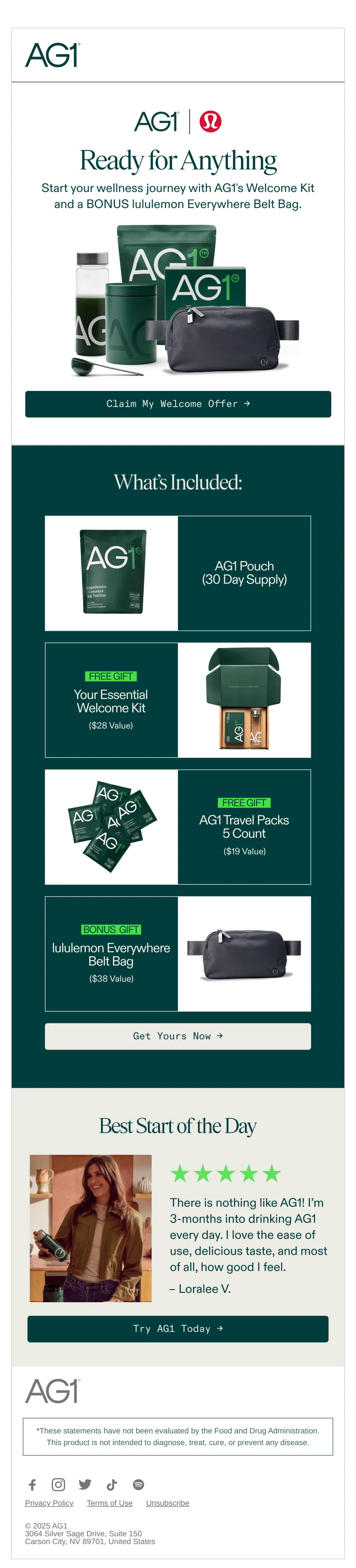 AG1 email with subject line: Get a BONUS lululemon Bag with subscription