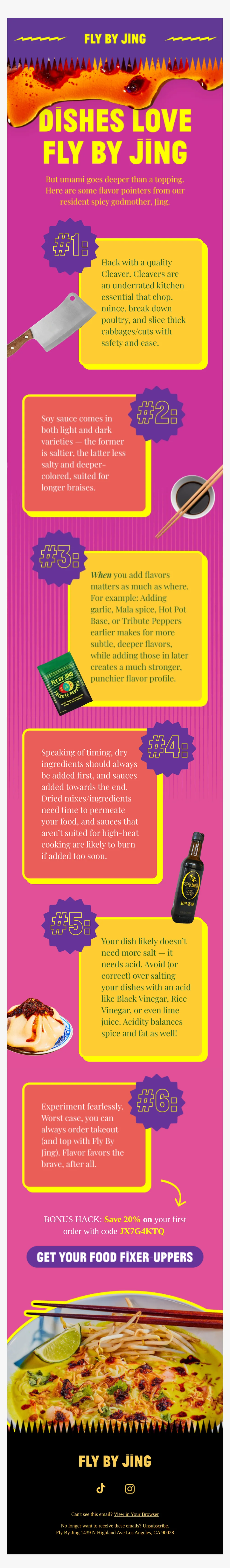Fly By Jing email with subject line: Jing’s top cooking hacks