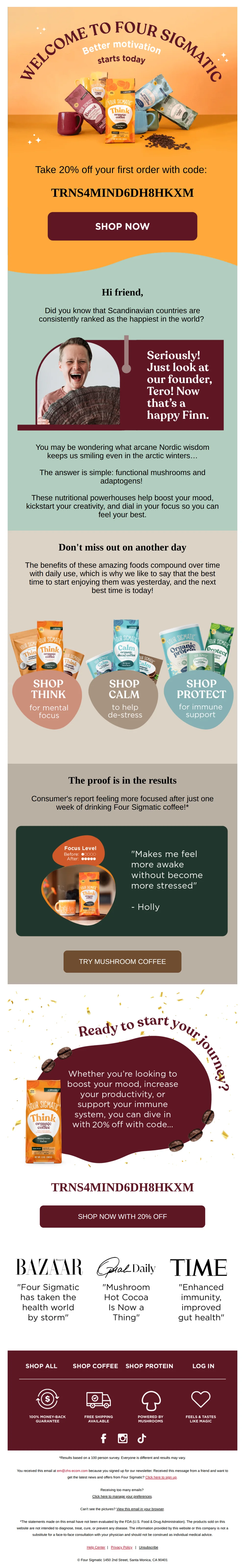 Four Sigmatic email with subject line: 🍄Welcome, new friend! 🍄