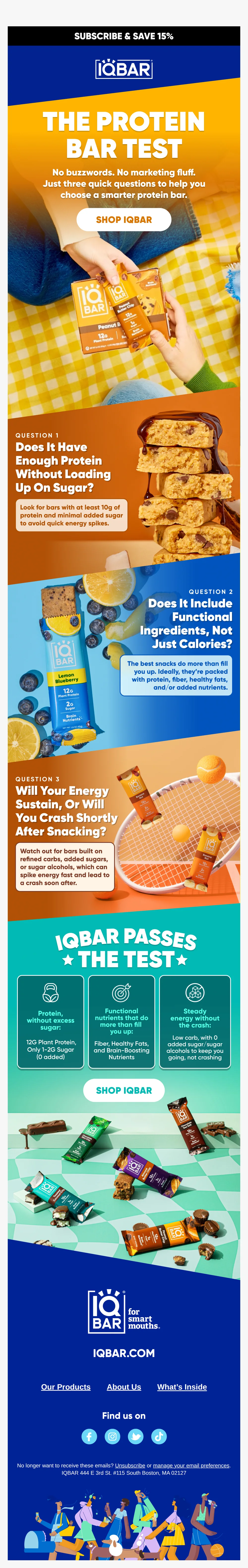IQBAR email with subject line: Pop Quiz: Is Your Protein Bar Actually Good? 🧪