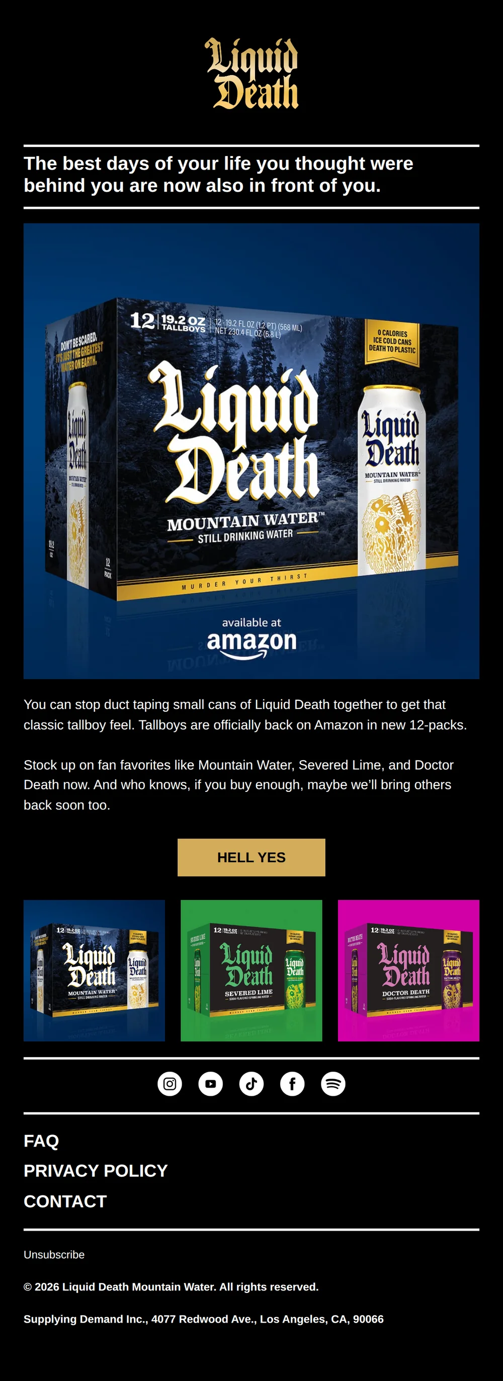 Liquid Death email with subject line: Tallboys Back On Amazon Now