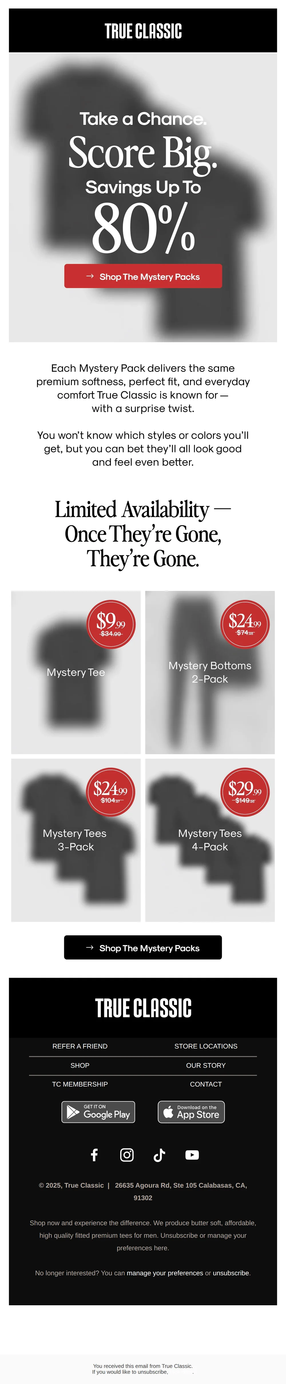 True Classic email with subject line: Score Up to 80% Off Mystery Packs