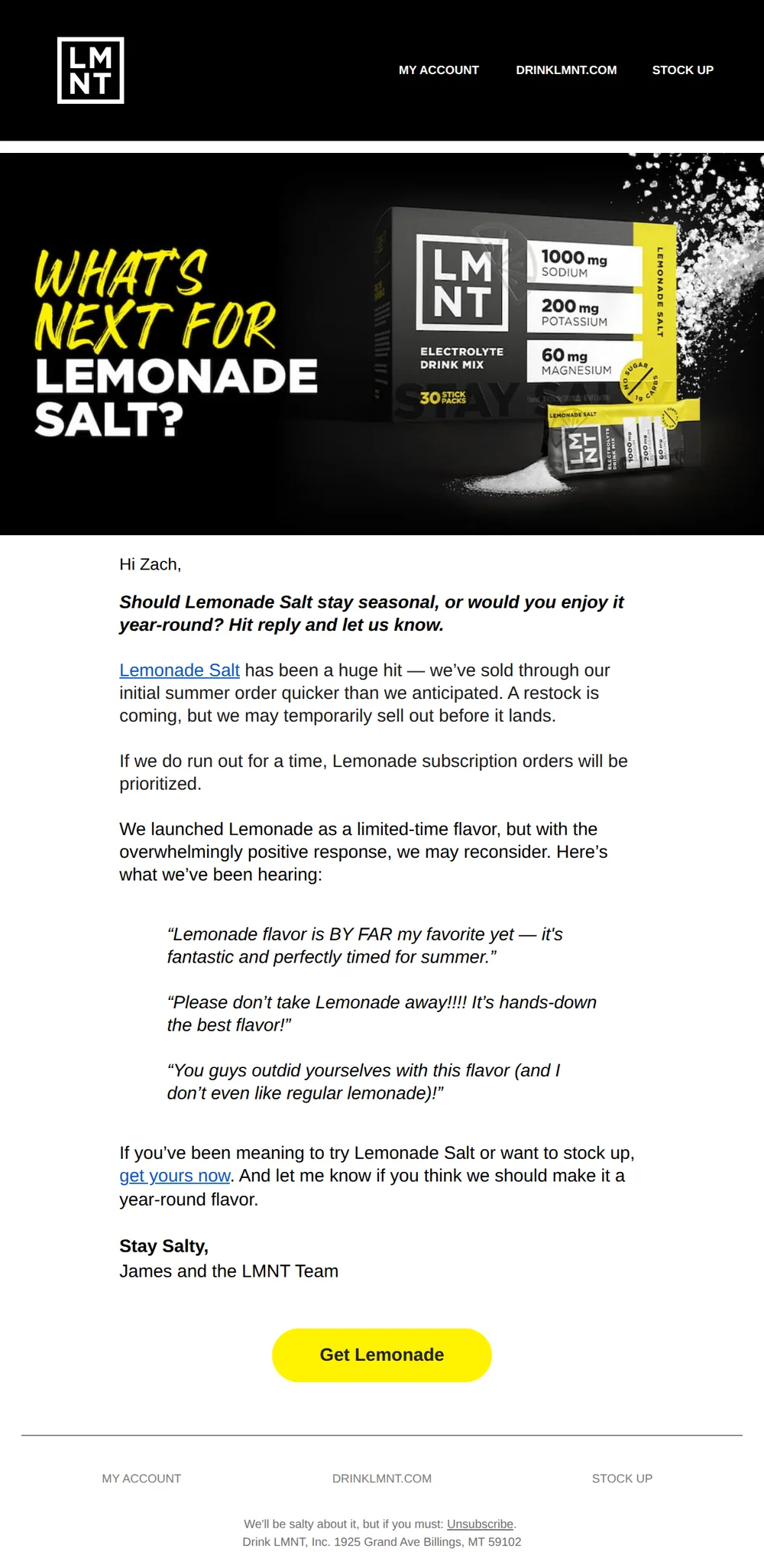 LMNT email with subject line: Should Lemonade Salt stay year-round?