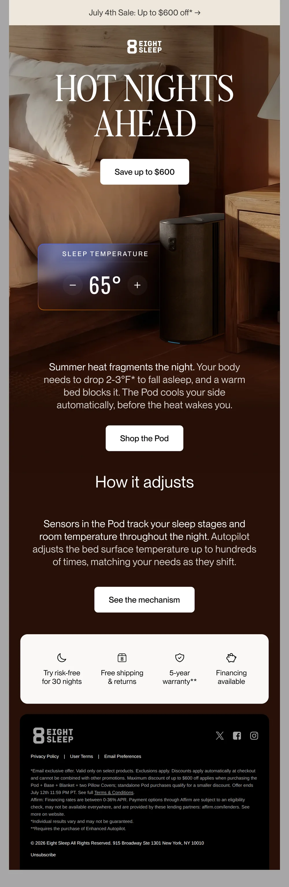 Eight Sleep email with subject line: Hot nights ahead. Up to $600 off your Pod purchase*