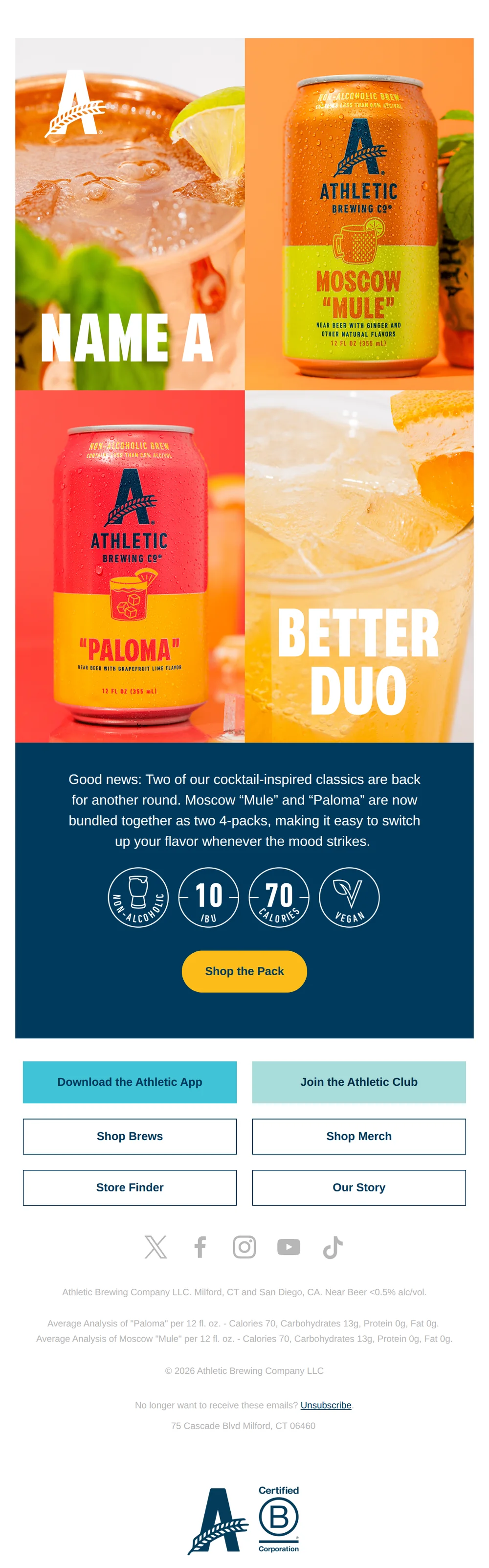 Athletic Brewing email with subject line: Name a better duo. We’ll wait.