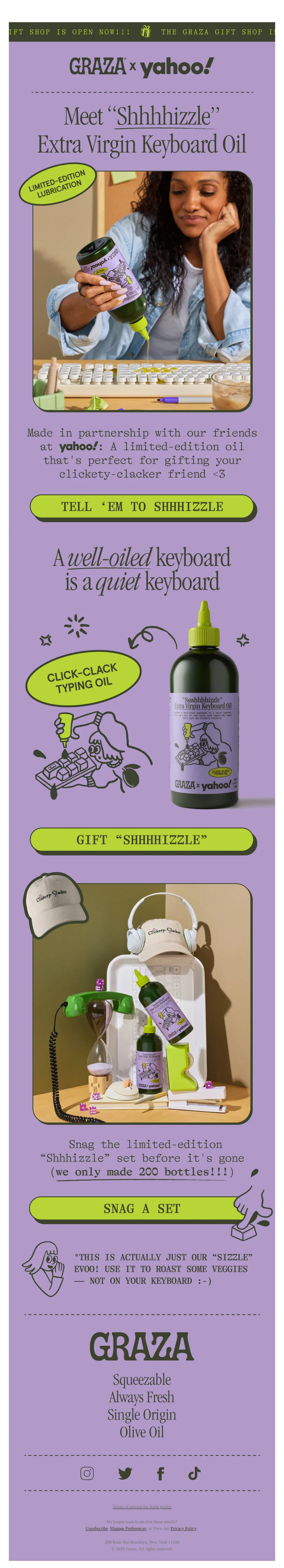 Graza email with subject line: NEW: Meet “Shhhhizzle” Keyboard Oil ⌨️
