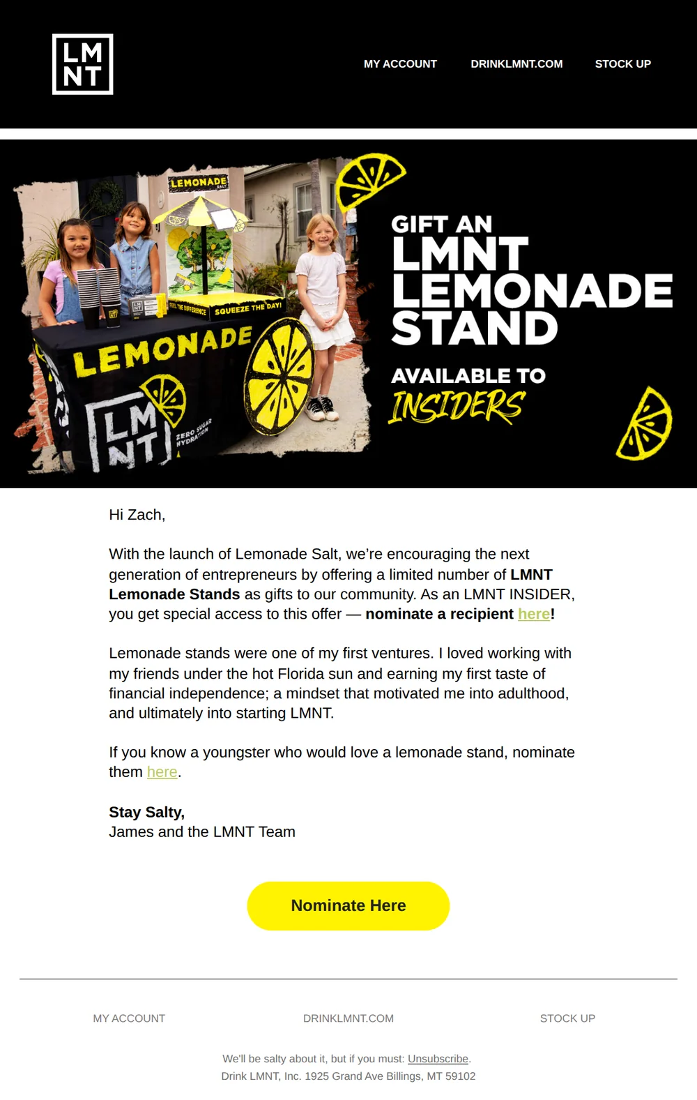 LMNT email with subject line: Nominate an LMNT Lemonade Stand Recipient