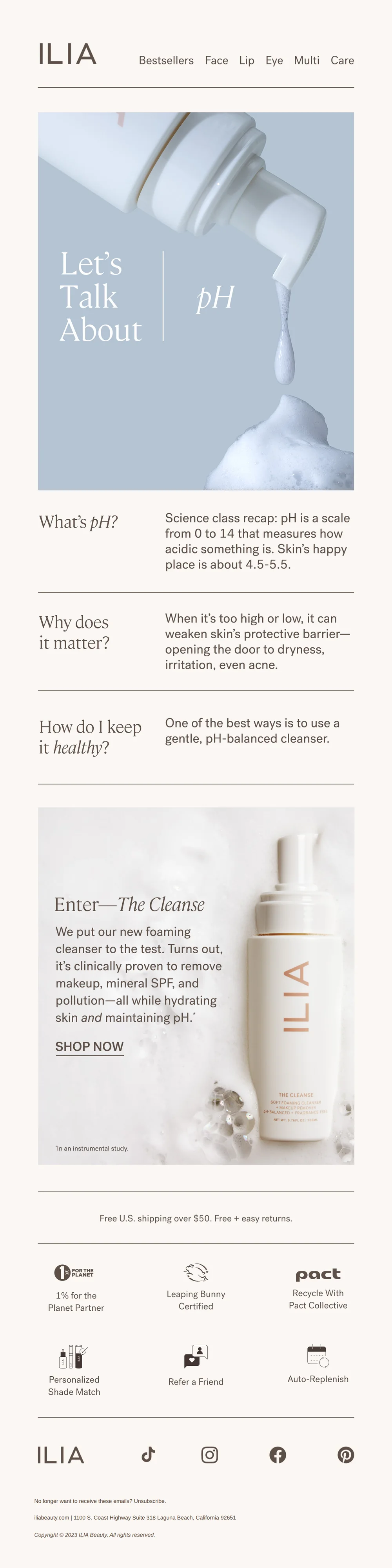 ILIA email with subject line: “Why does my skin’s pH matter?”
