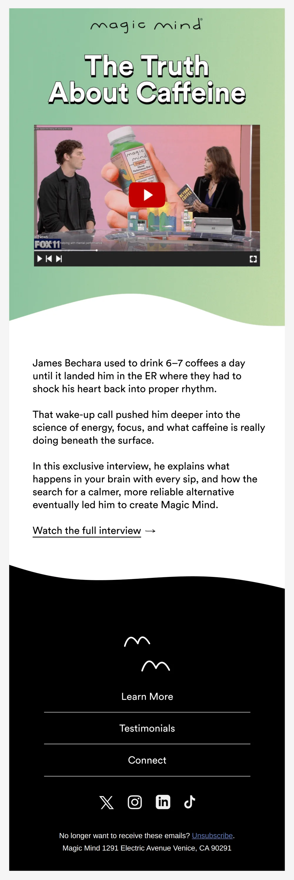 Magic Mind email with subject line: Magic Mind Founder Interview Reveals Truth About Caffeine