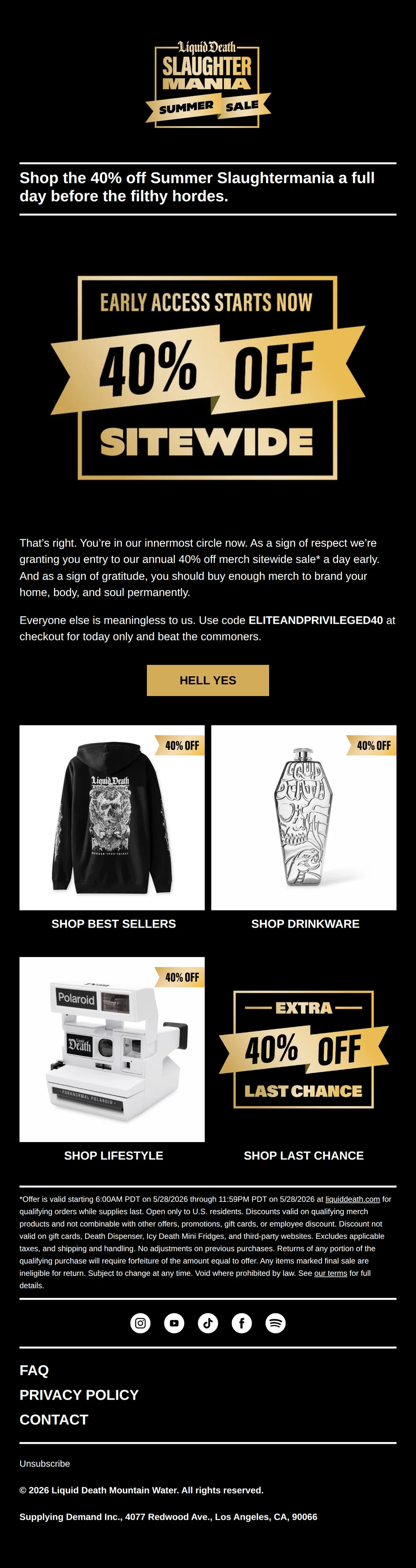 Liquid Death email with subject line: EARLY ACCESS: 40% Off Merch Sitewide