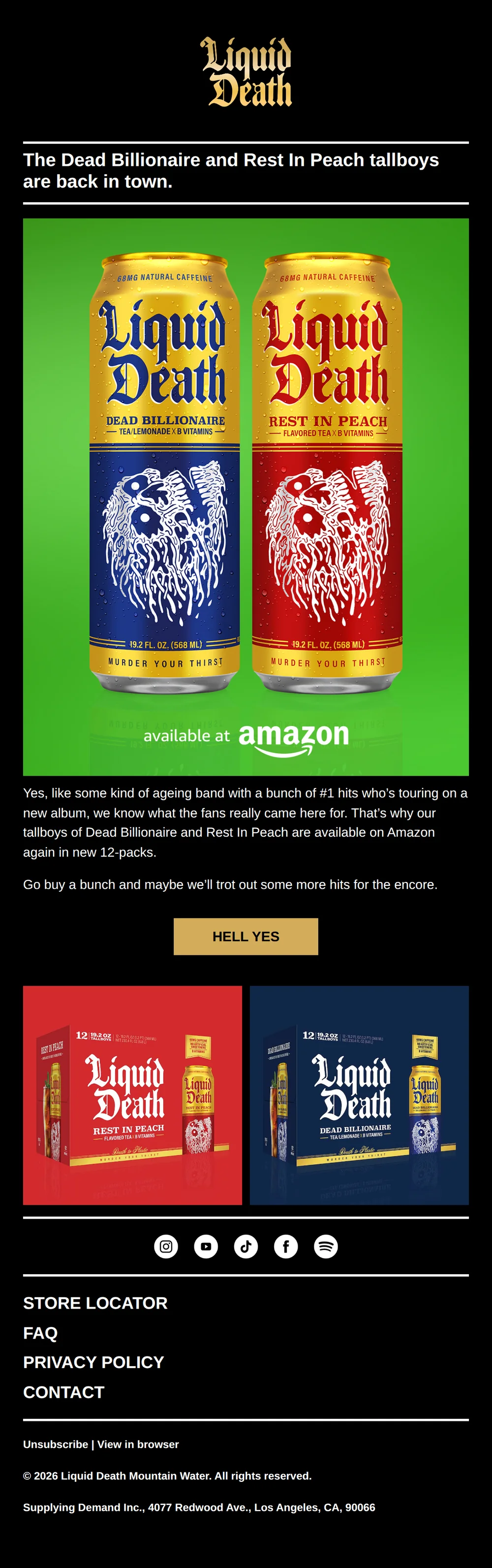 Liquid Death email with subject line: Iced Tea Tallboys Back on Amazon