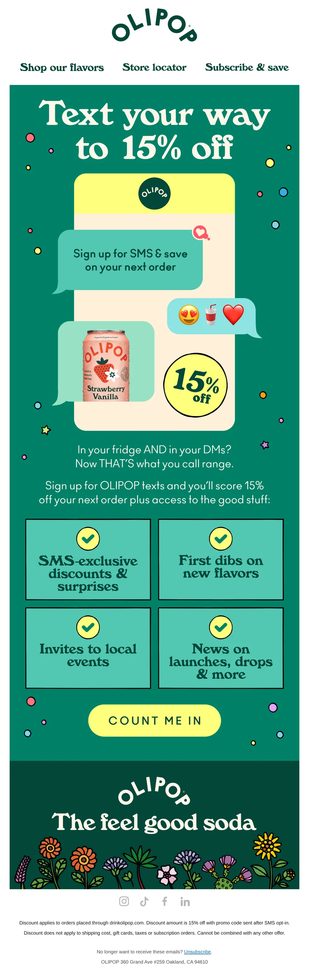 OLIPOP email with subject line: 1-800-let's text📱👀