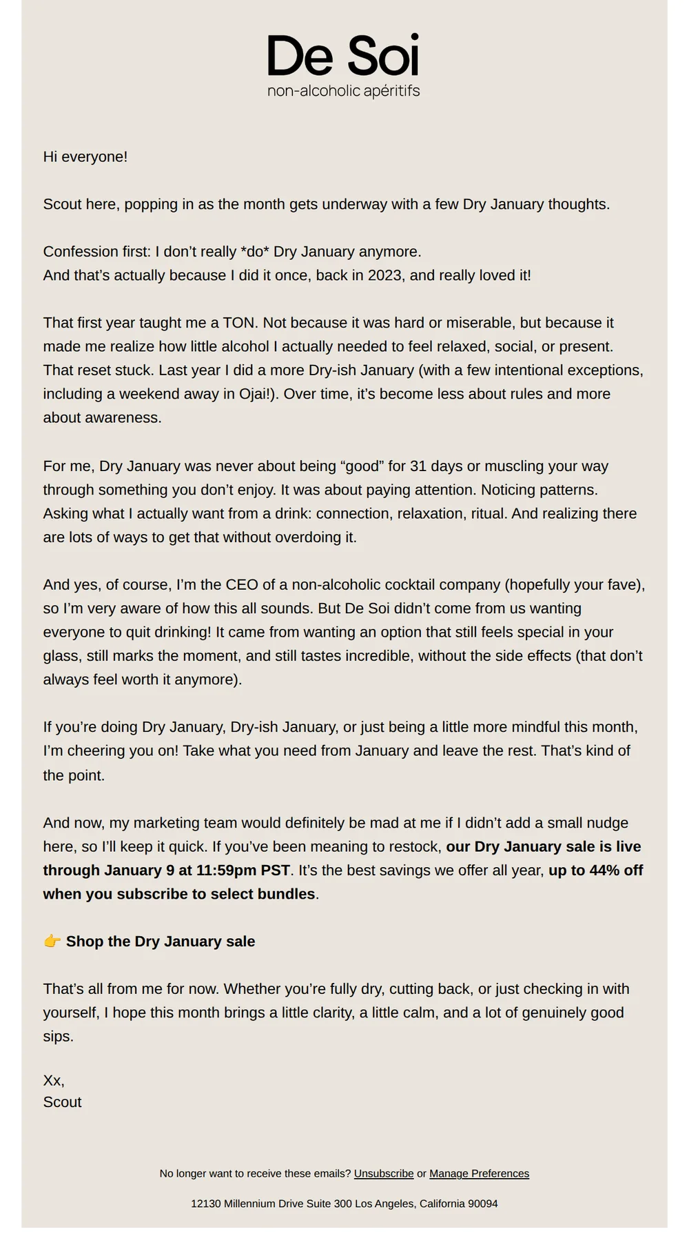 De Soi email with subject line: Confession: I don’t really do Dry January (and here’s why)