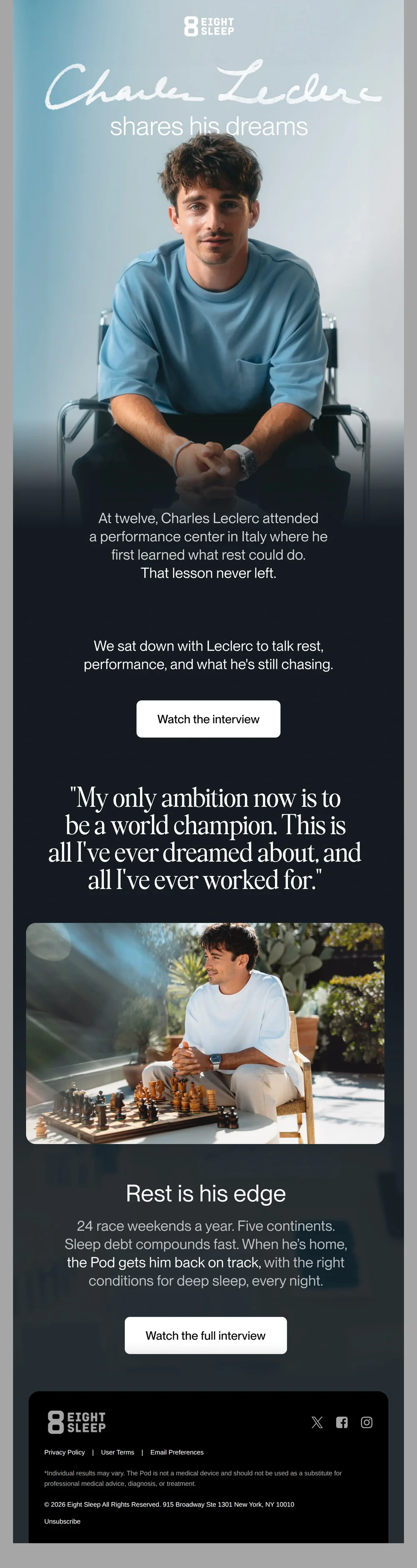 Eight Sleep email with subject line: What does Charles Leclerc dream about?