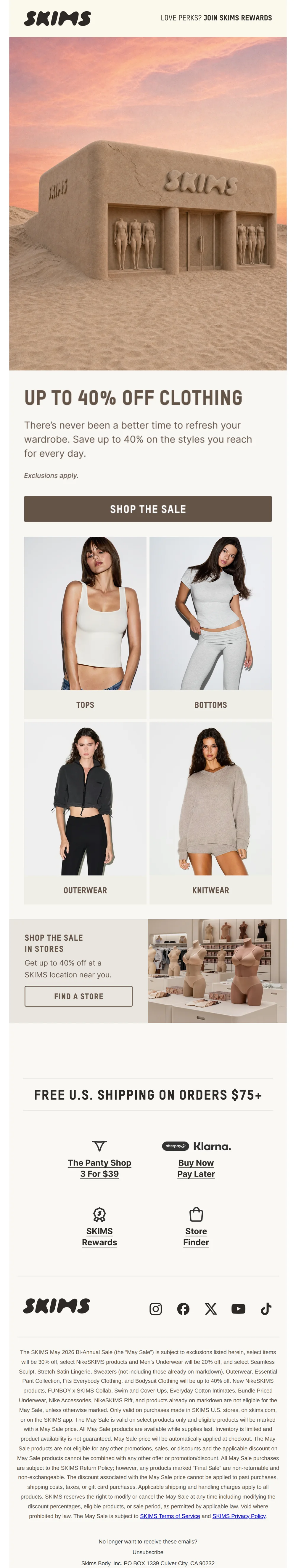 SKIMS email with subject line: UP TO 40% OFF: CLOTHING MUST-HAVES