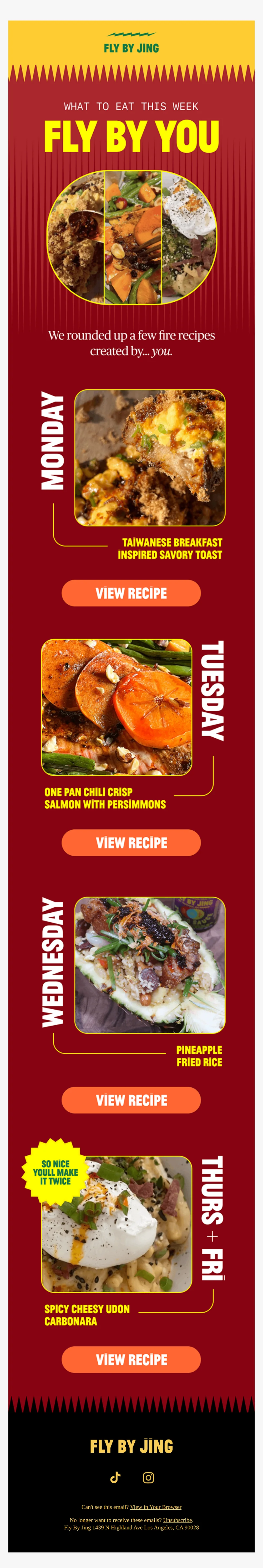 Fly By Jing email with subject line: 🍜 Your dinner lineup this week