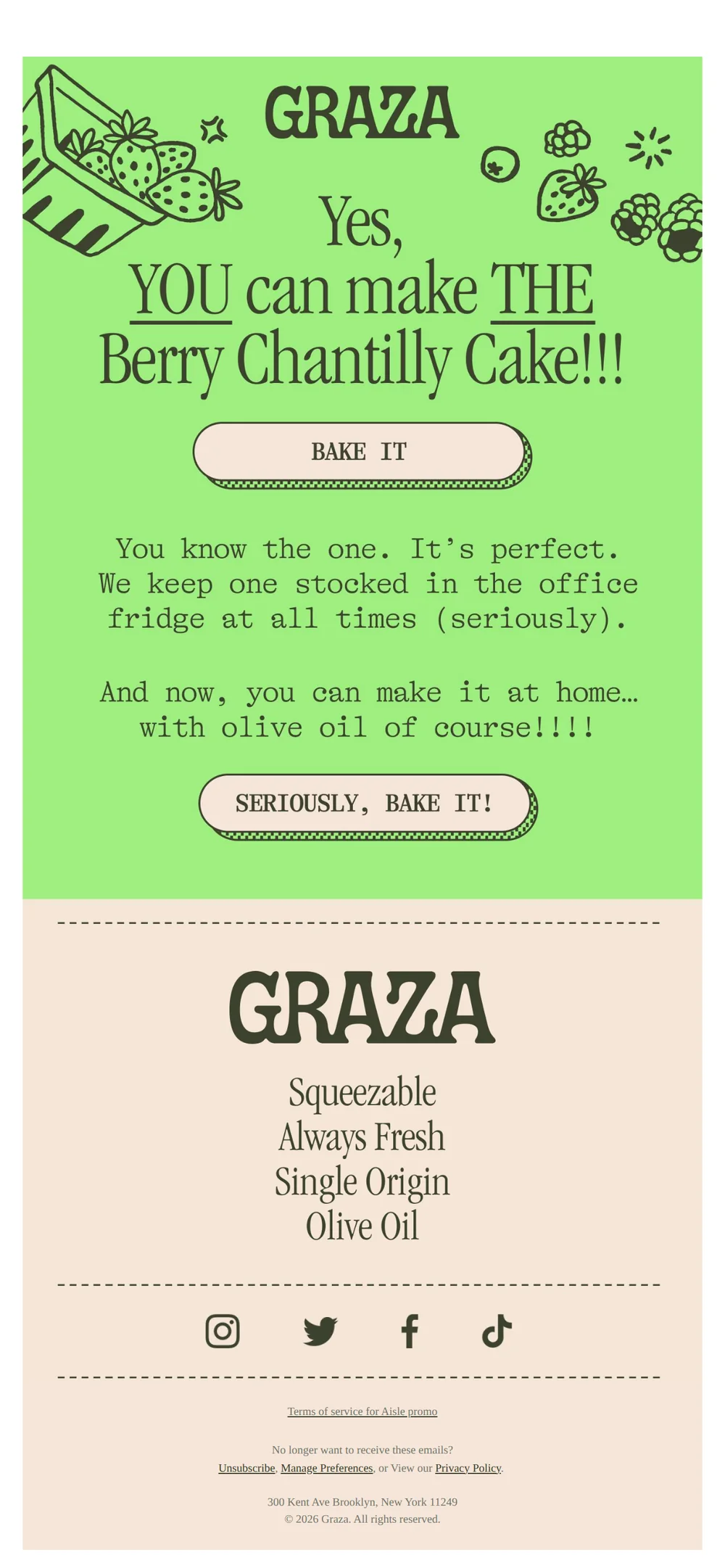 Graza email with subject line: It’s Berry Chantilly Cake season 🍓🫐