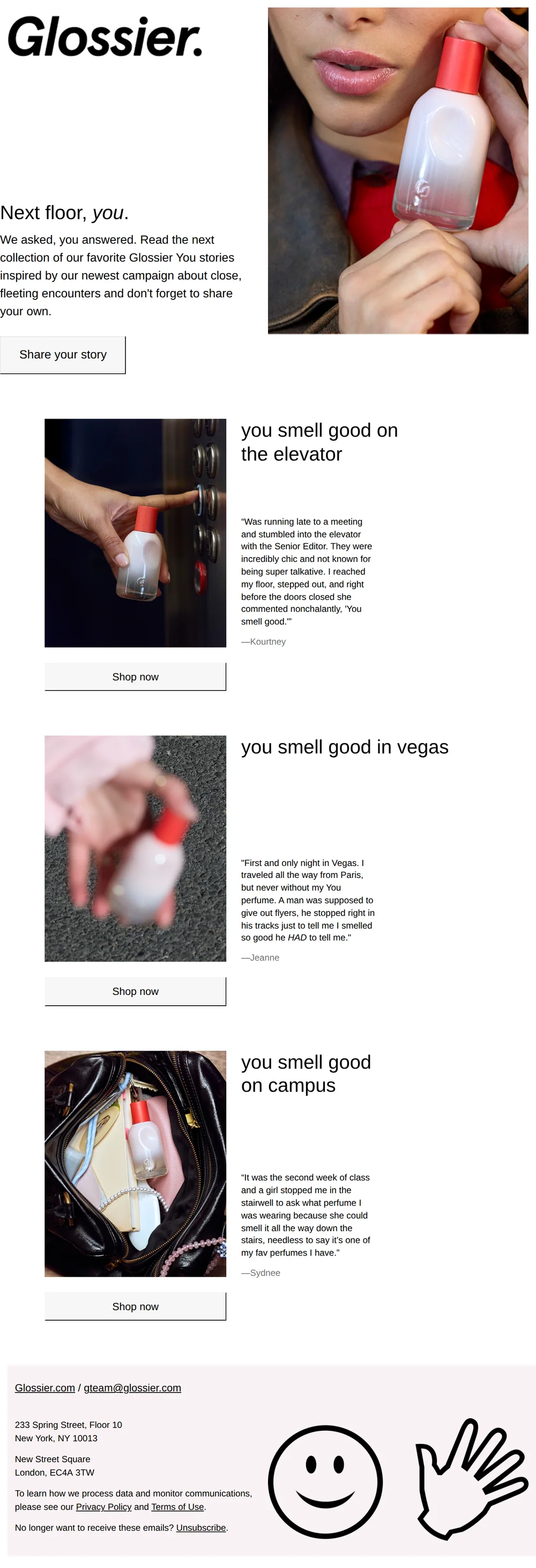 Glossier email with subject line: Going up?