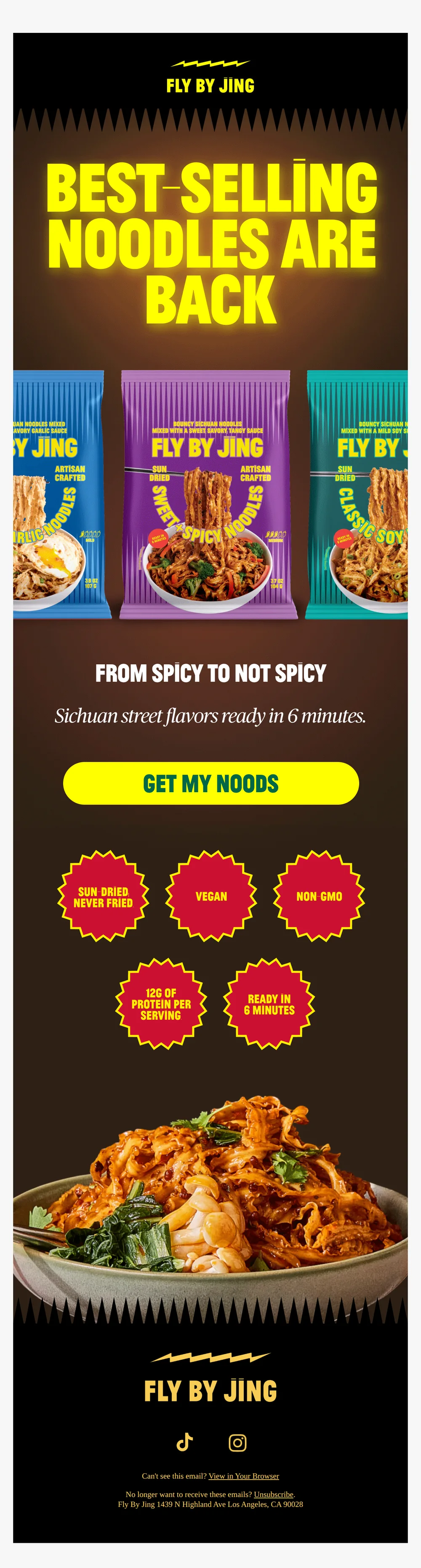 Fly By Jing email with subject line: Best-selling noodles back in stock 📣